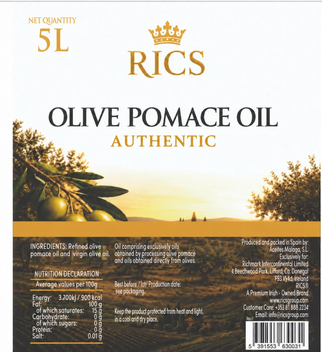 RICS Olive Pomace Oil 5 L – Label